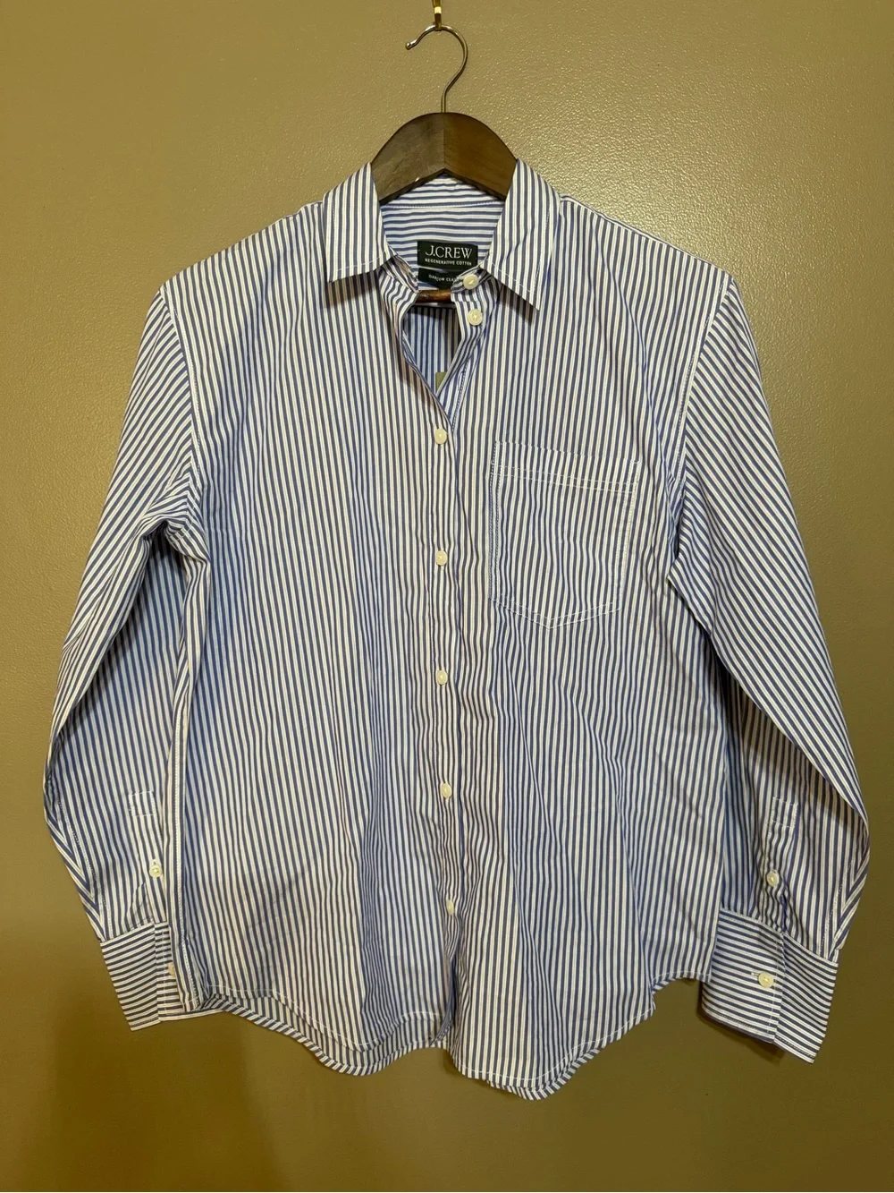 J. Crew Women's White and Blue Vertical Stripe Button-Down Shirt